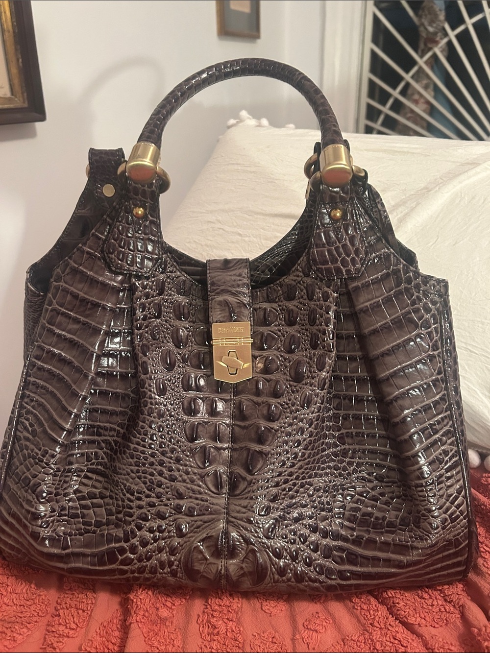 Brahmin Croc-Embossed Structured Shoulder Bag in Dark Browny
